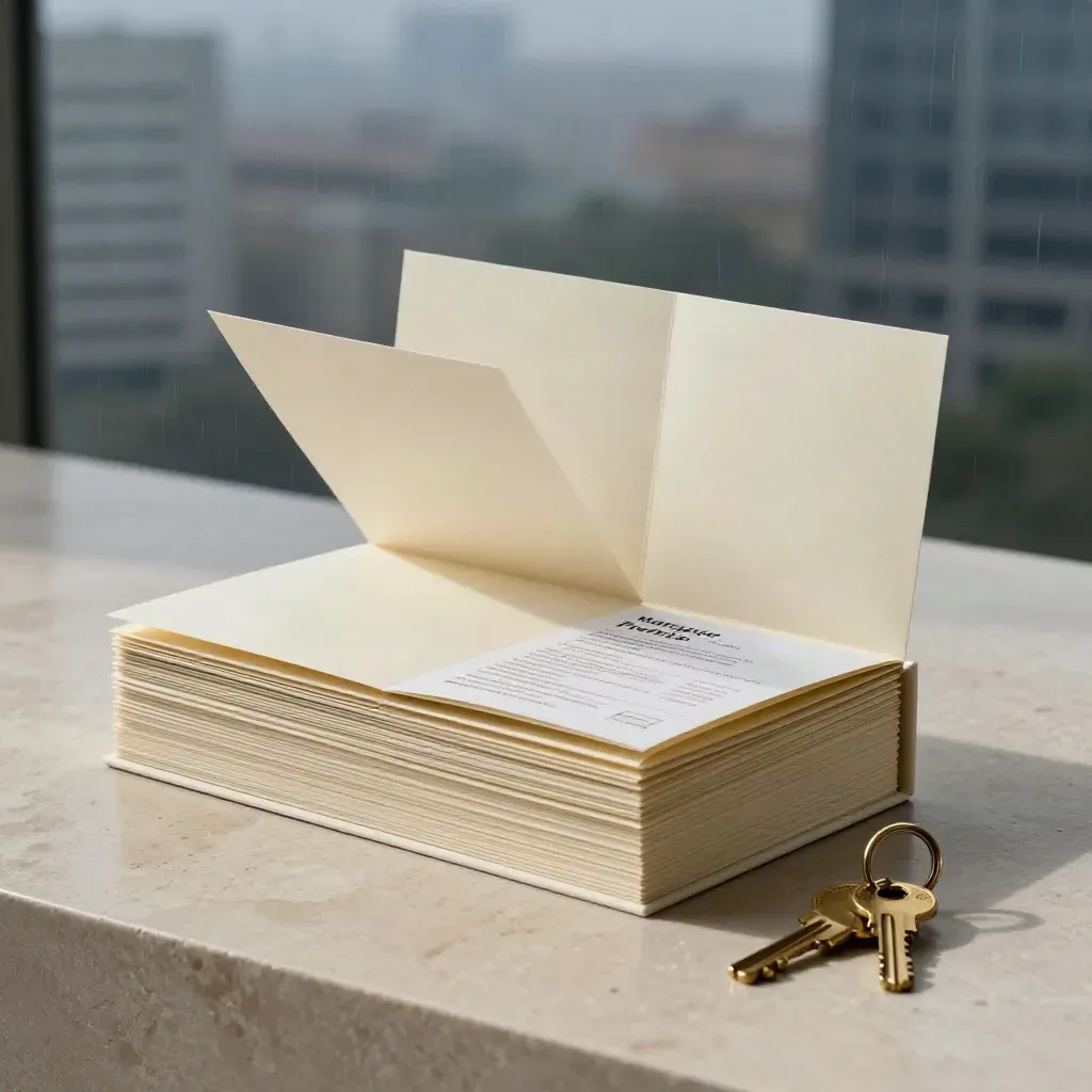 Cream condo buyer kit box with folio, booklet, and brass key ring on pale stone at blue hour