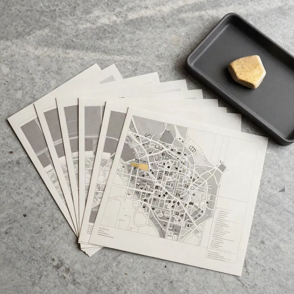 Overhead flatlay of Edmonton condo map packet, graphite tray and stone chip on pale stone.