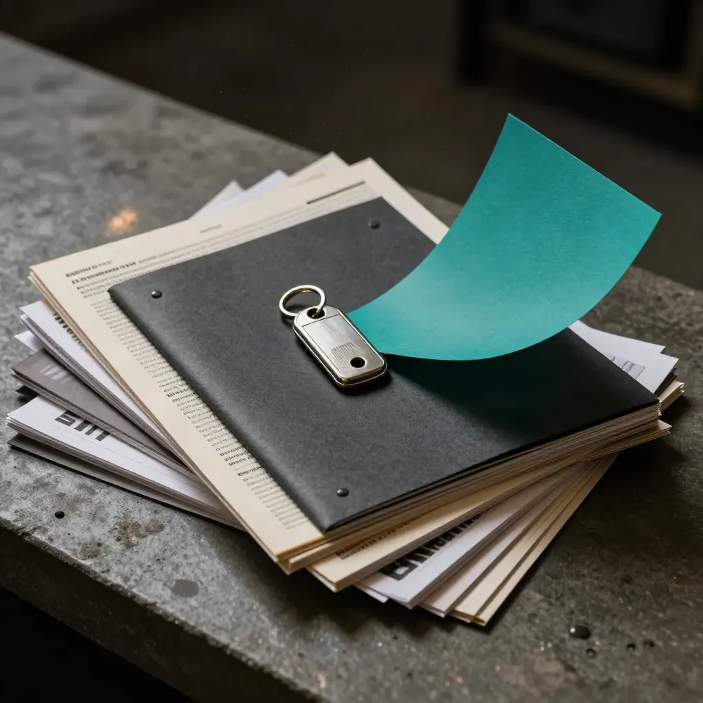Exploded condo seller bundle with folder, key fob and teal paper on dark concrete