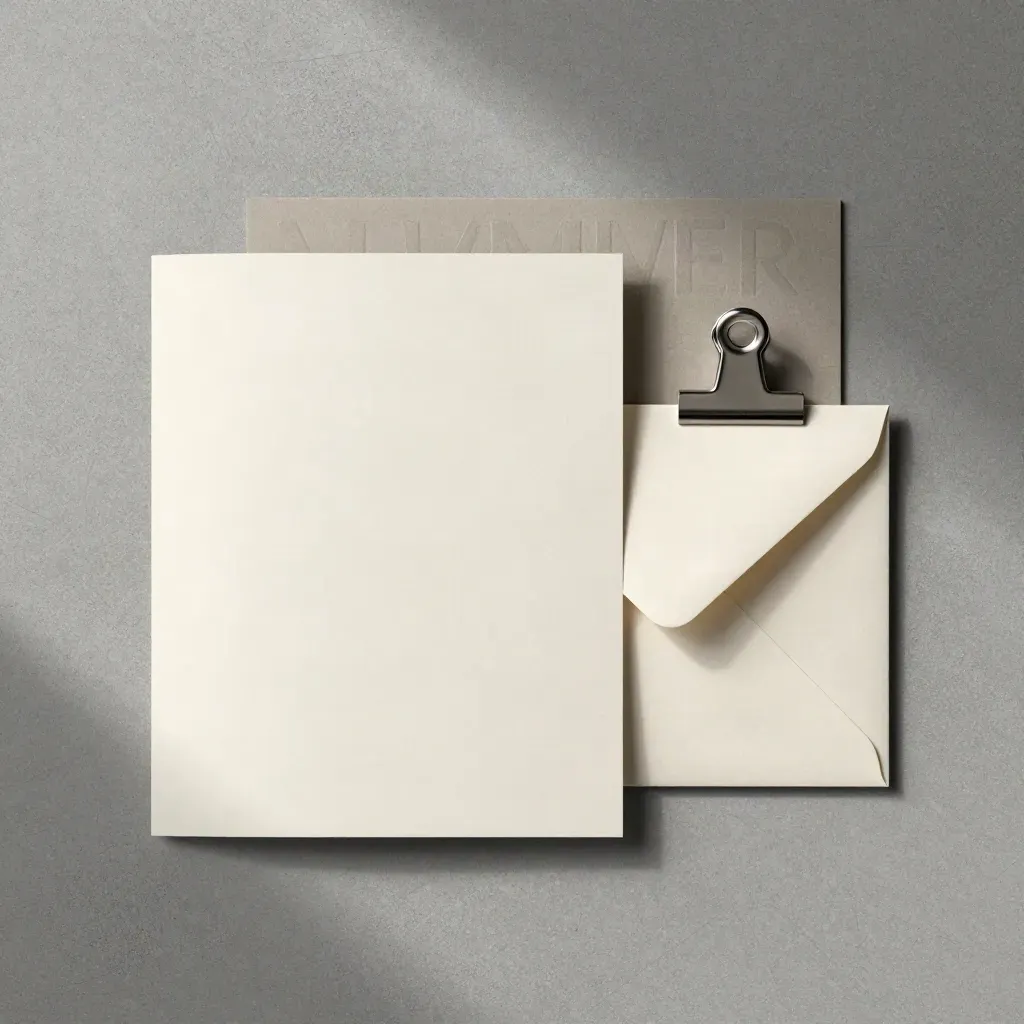 Overhead Vancouver seller pack flatlay with folded folio, blank envelope, and metal clip on brushed concrete.