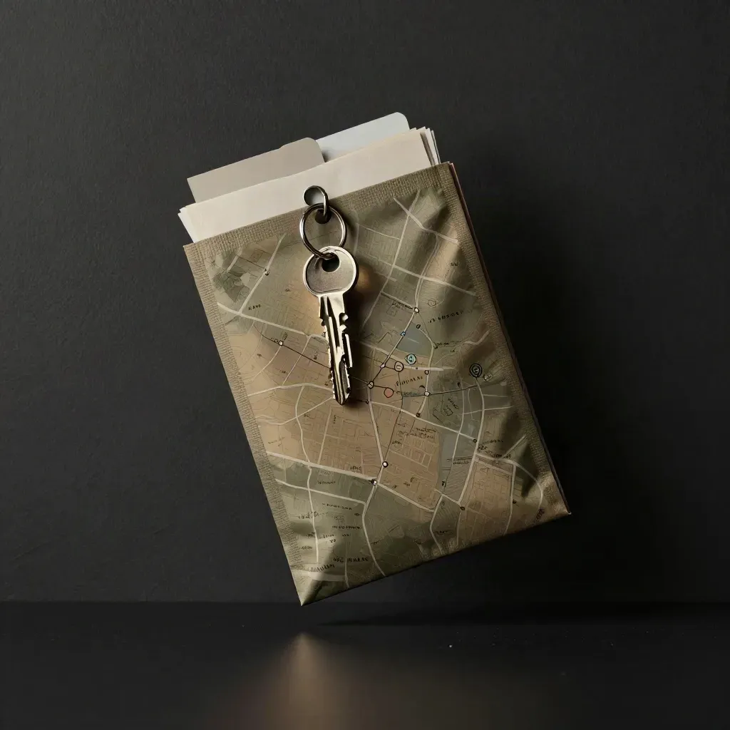 Suspended Calgary rental map packet with key ring and tabs in a dark dramatic studio