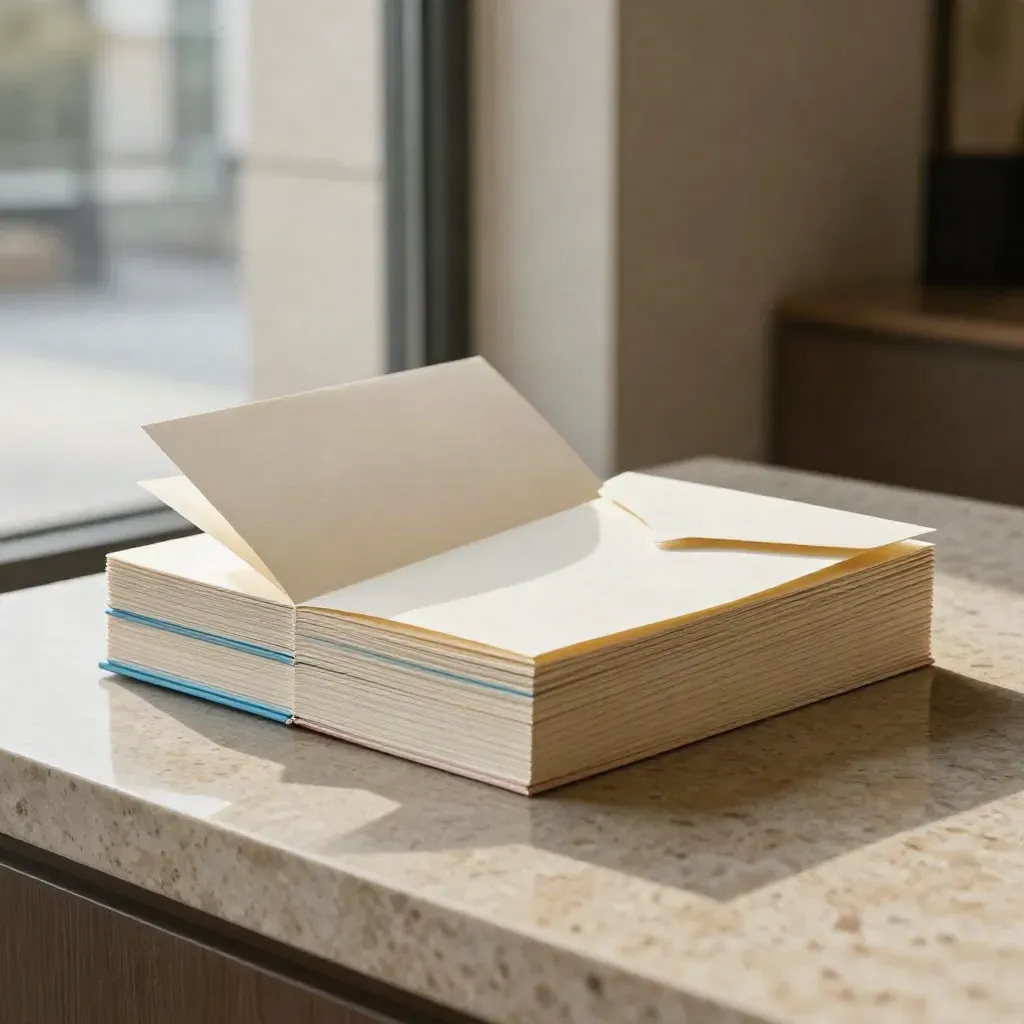 Unbranded condo notes folio stack with fanned inserts and a sky-blue tab on travertine.