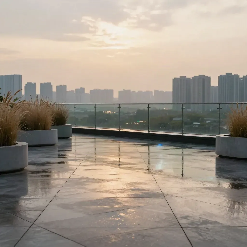 Rain-slick rooftop terrace with glass railing, distant city towers, and calm copy space.